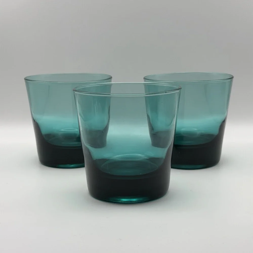 Set 3 Turquoise Teal Heavy Base Rocks Lowball Old Fashioned Glasses 3¼″ 70s Vtg